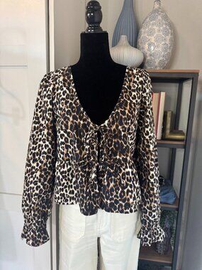 BP. Leopard Print Cotton Tie Front Top - Size M